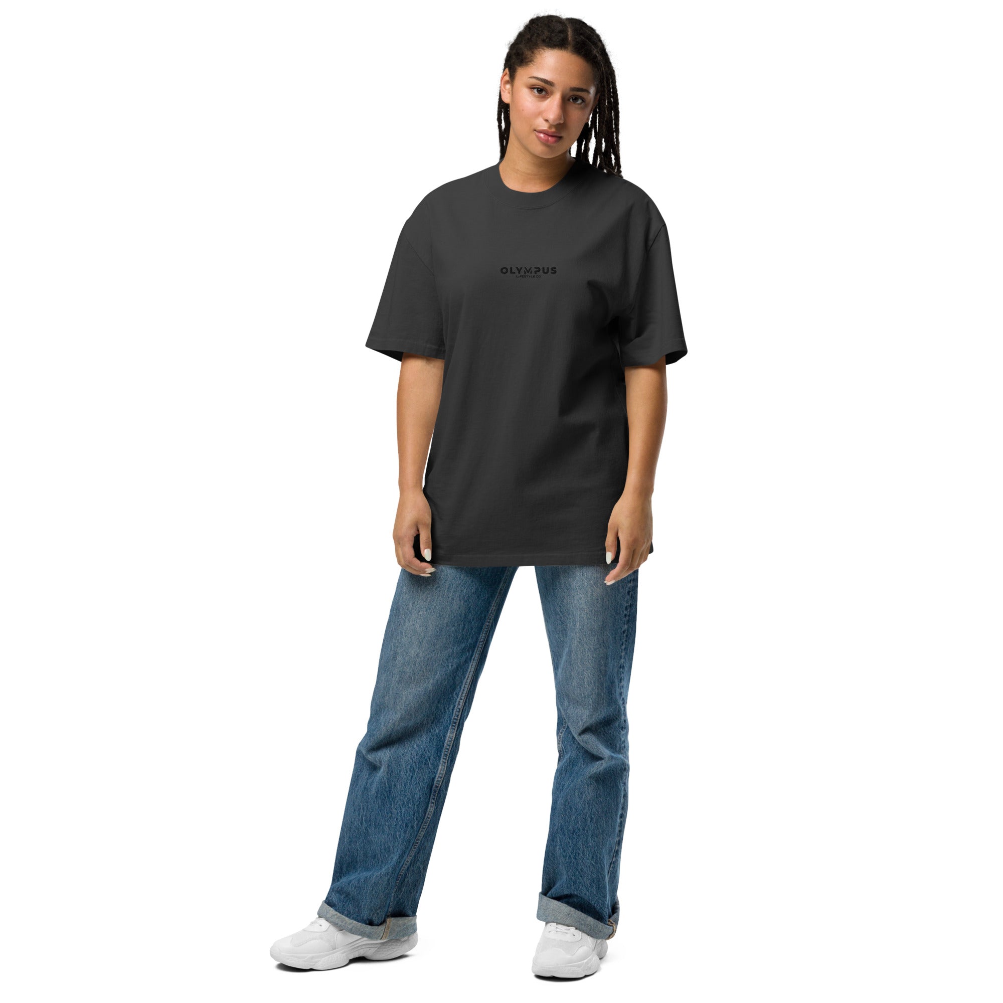 Olympus Women's Embroidered Oversized T-Shirt Black Text Logo