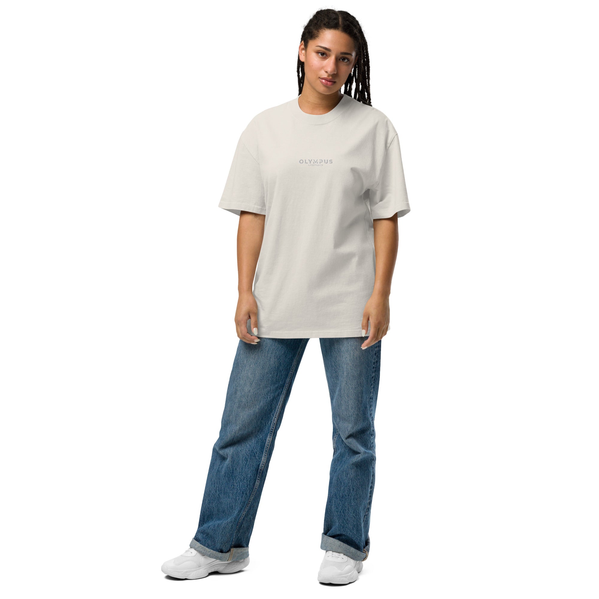 Olympus Women's Embroidered Oversized T-Shirt White Text Logo