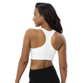Load image into Gallery viewer, Olympus Women's White Longline Sports Bra Grey Text Logo
