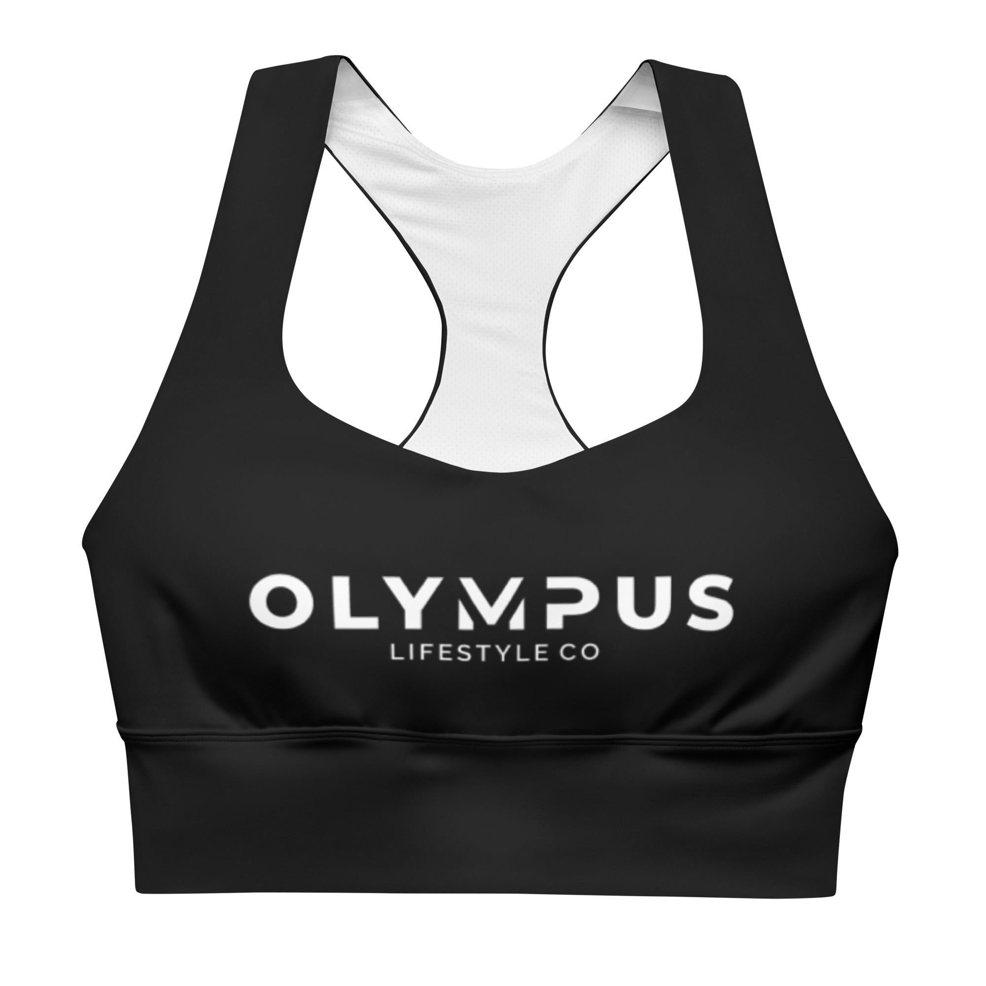 Olympus Women's Black Longline Sports Bra White Text Logo
