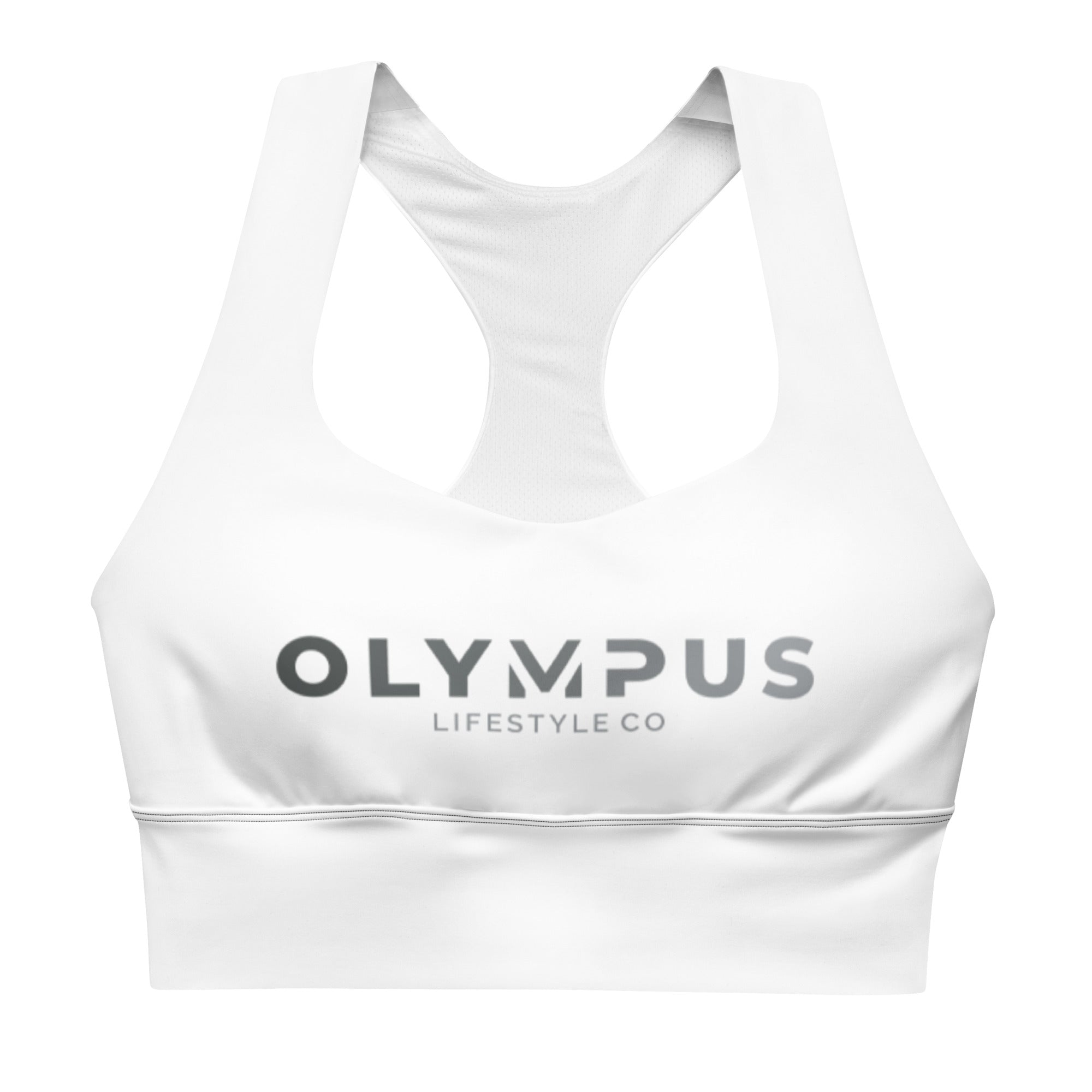 Olympus Women's White Longline Sports Bra Grey Text Logo
