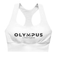 Load image into Gallery viewer, Olympus Women's White Longline Sports Bra Black Text Logo
