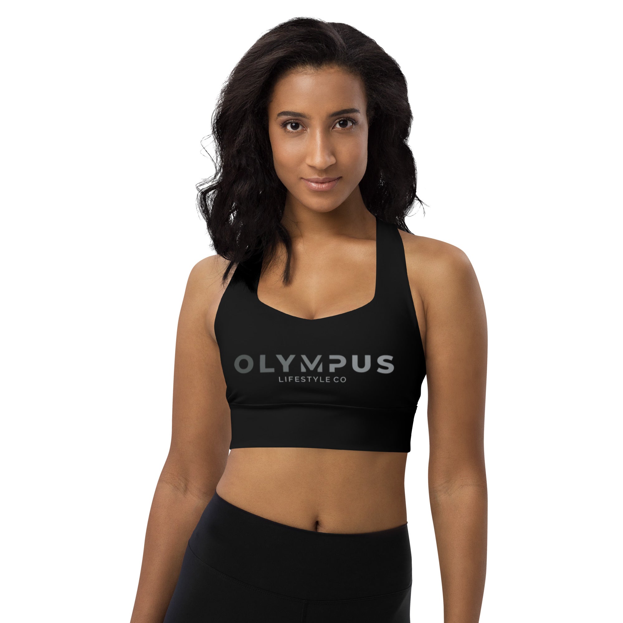 Olympus Women's Black Longline Sports Bra Grey Text Logo