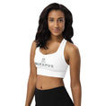 Load image into Gallery viewer, Olympus Women's White Longline Sports Bra Grey Logo
