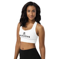 Load image into Gallery viewer, Olympus Women's White Longline Sports Bra Black Logo
