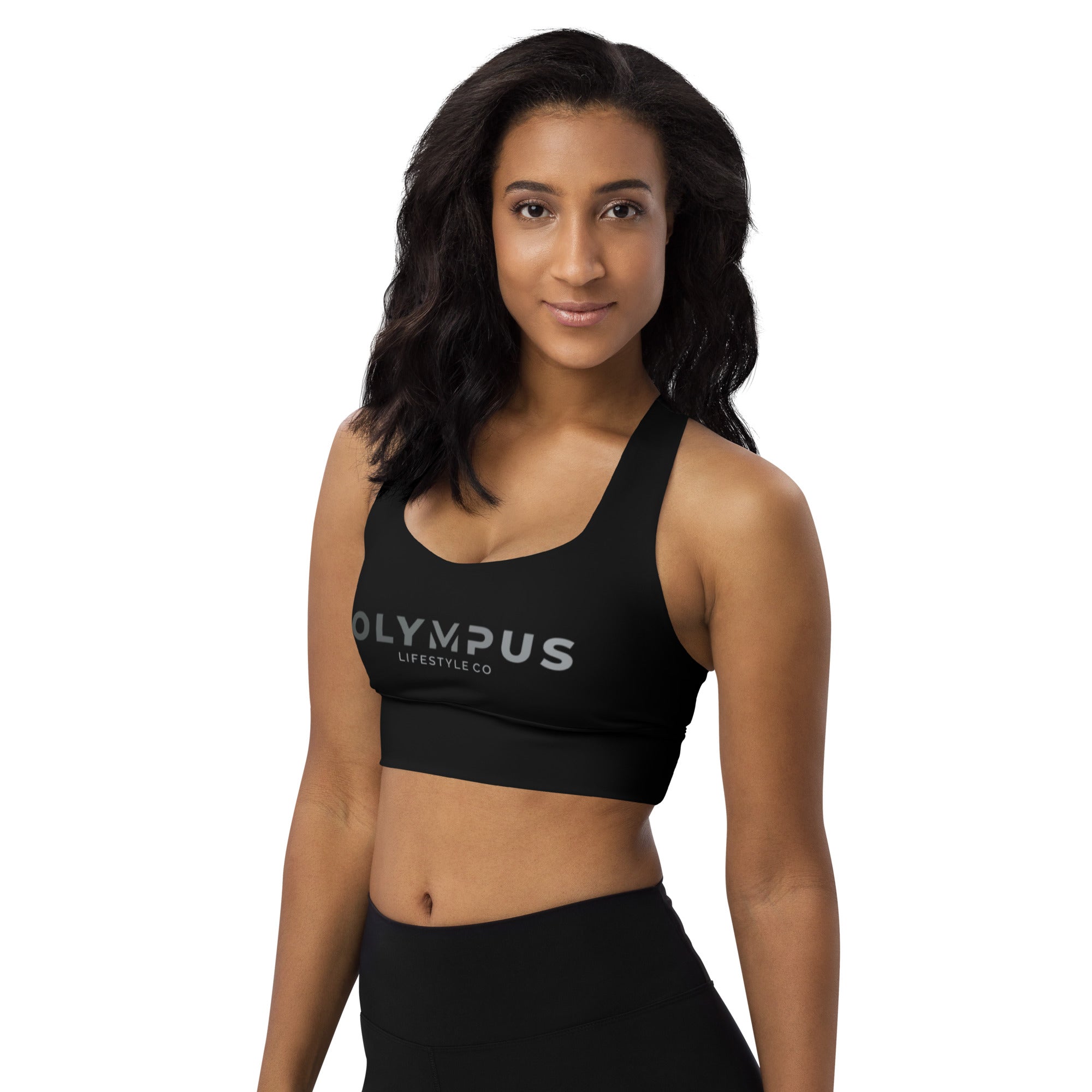 Olympus Women's Black Longline Sports Bra Grey Text Logo