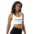 Load image into Gallery viewer, Olympus Women's White Longline Sports Bra Black Text Logo
