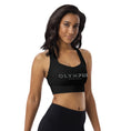 Load image into Gallery viewer, Olympus Women's Black Longline Sports Bra Grey Text Logo
