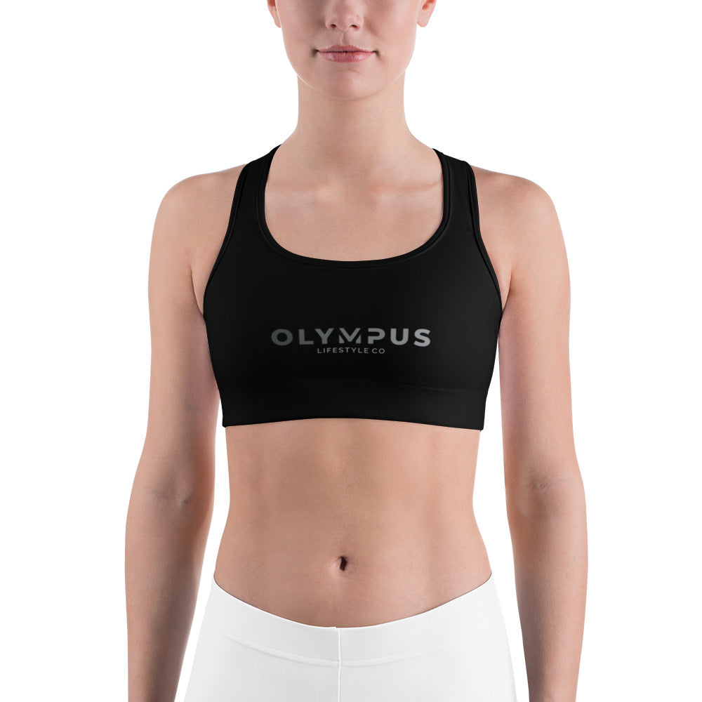 Olympus Women's Black Sports Bra Grey Text Logo