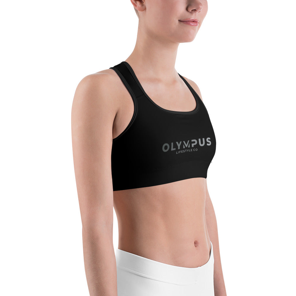 Olympus Women's Black Sports Bra Grey Text Logo