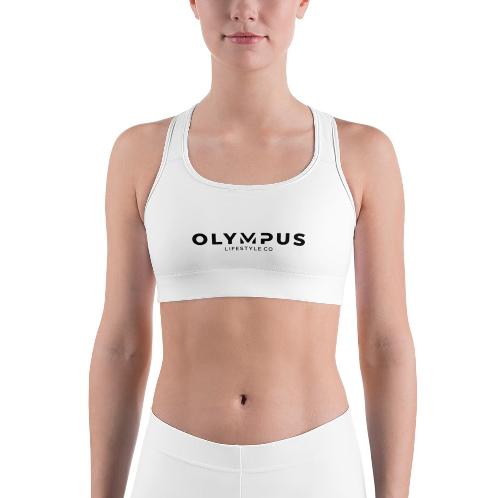 Olympus Women's White Sports Bra Black Text Logo