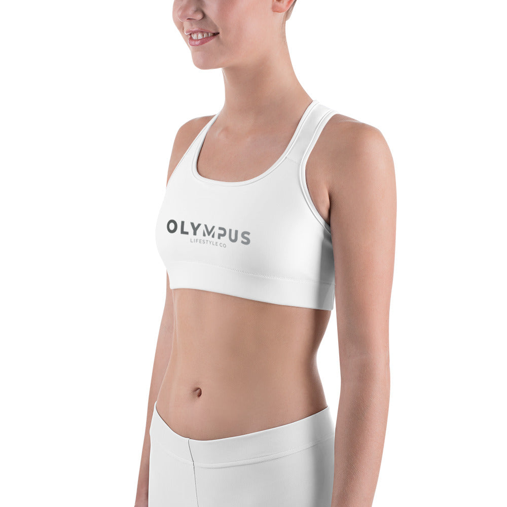 Olympus Women's White Sports Bra Grey Text Logo