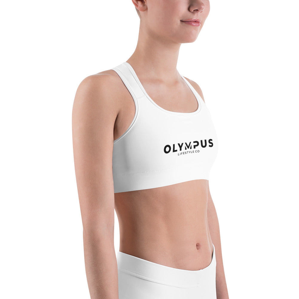 Olympus Women's White Sports Bra Black Text Logo