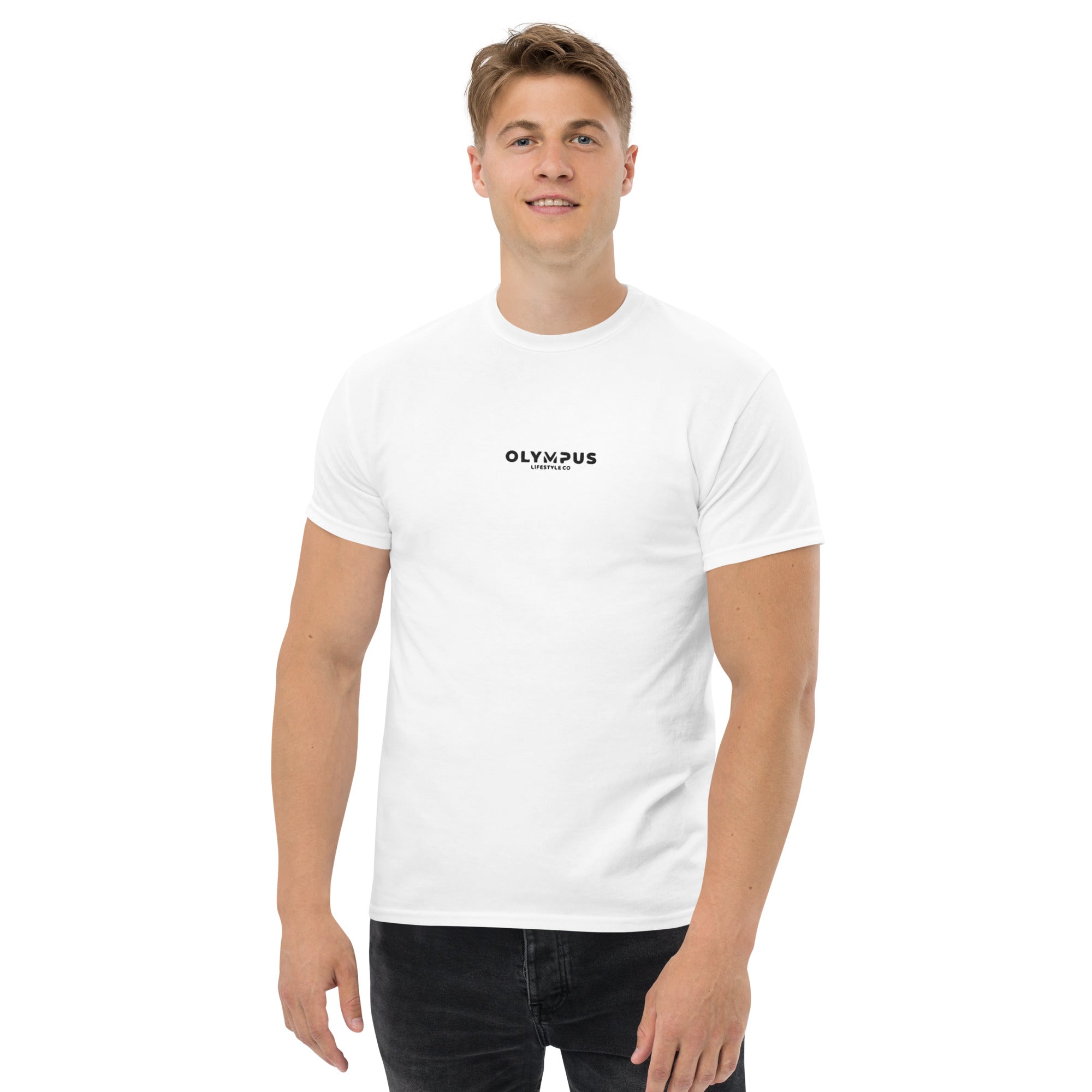 Olympus Men's Embroidered T-Shirt Black Text Logo