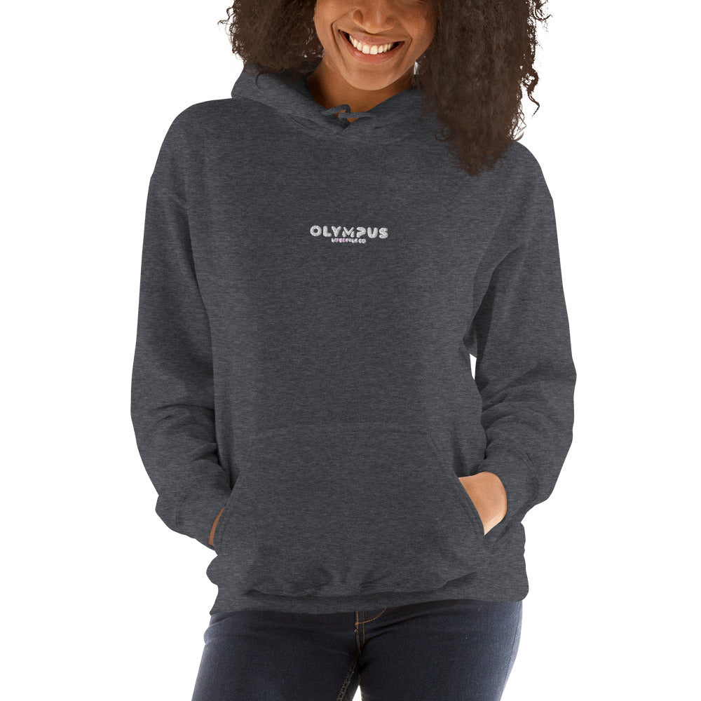 Olympus Women's Embroidered Hoodie White Text Logo