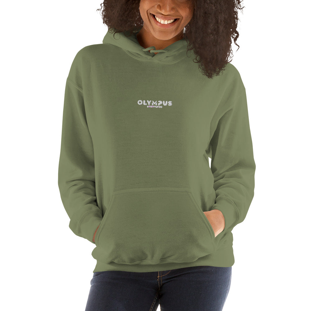 Olympus Women's Embroidered Hoodie White Text Logo