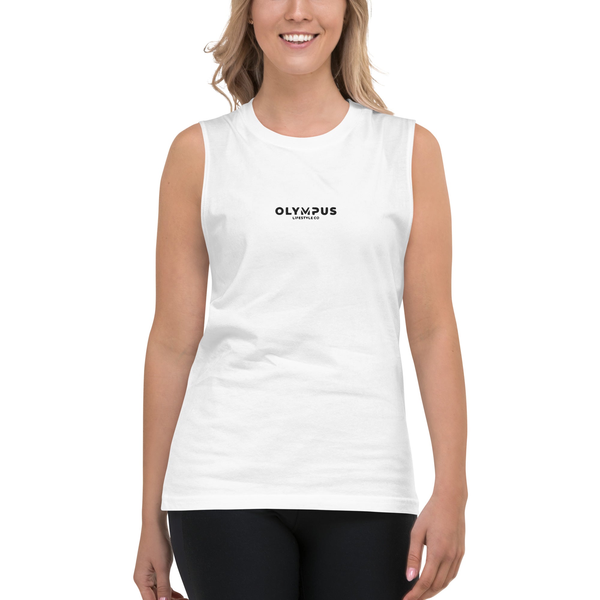 Olympus Women's Embroidered Muscle Shirt Black Text Logo